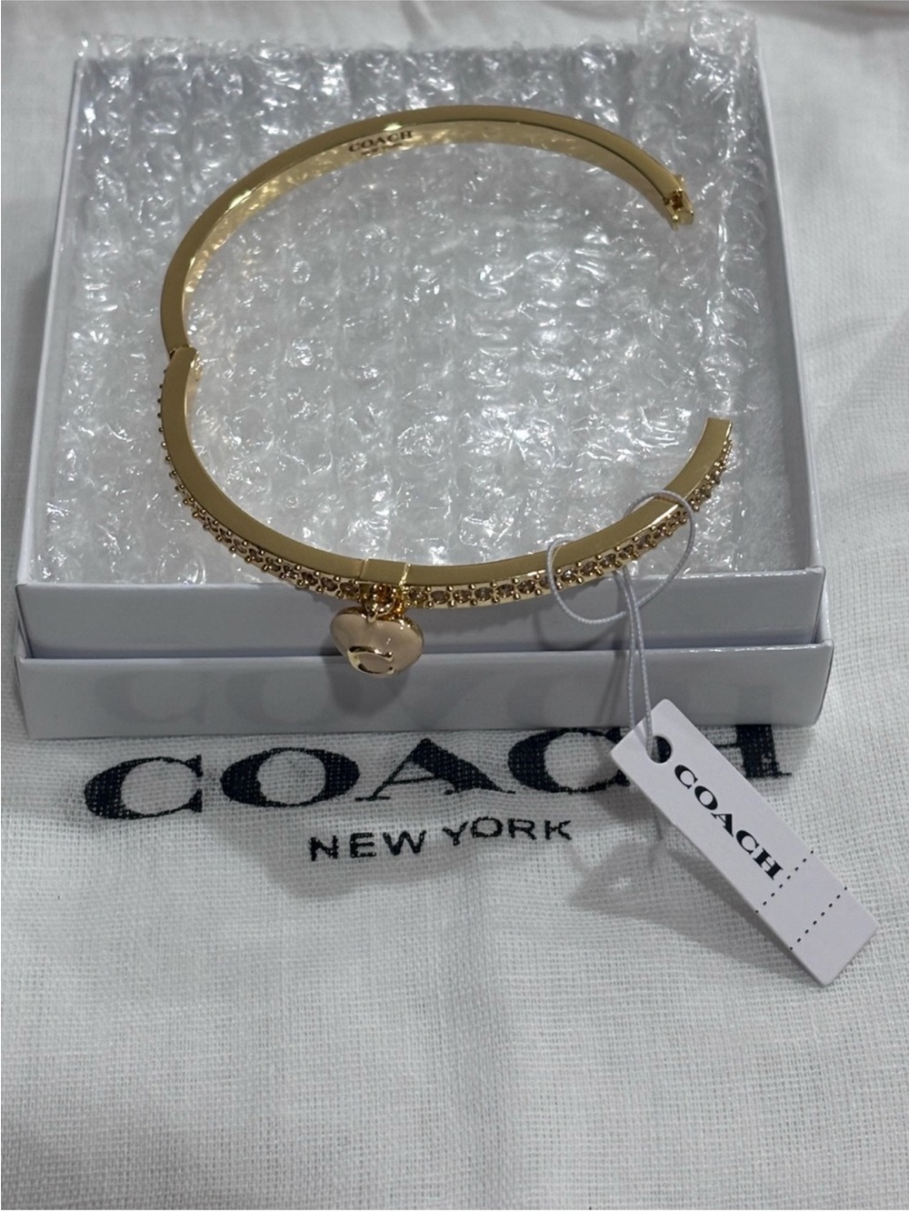 Coach Gold Tone Charm Bangle with Heart and Light Pink Pavé NWT - Picture 2 of 2